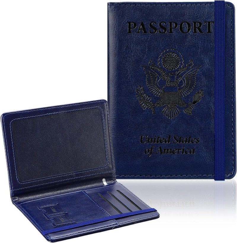 RHOttbiy Passport Holder for Travel, RFID Blocking Passport Cover with Pen Holder Leather Passport Wallet Case Travel Must Haves Accessories Passport Book Card Holder for Family Travel Essentials, Dark Blue - Image 1